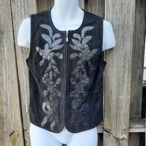 Peter Nygard Leather Suede Grunge Goth Floral Black Vest Size medium M Full zip